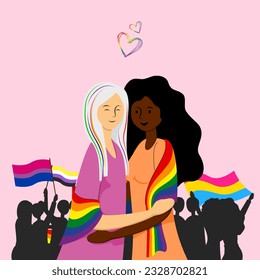 People holding rainbow flags during pride month and support equality and rights