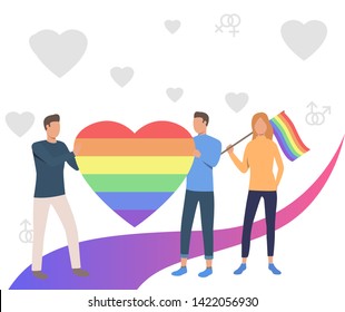 People holding rainbow heart and flag. Community, pride, LGBT symbol. LGBT parade concept. Vector illustration can be used for topics like proud, diversity, love, equality