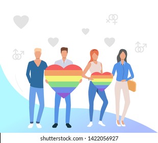 People holding rainbow hearts. Gay and lesbian couple with LGBT symbols. Homosexuality concept. Vector illustration can be used for topics like LGBTQ, pride, diversity