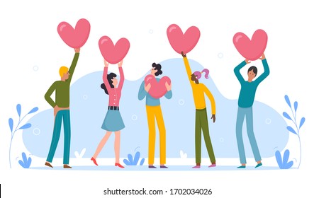 People holding rate love hearts. Show your valentine love. Brief review rating. Review rating and feedback. Customer choice and know your client concept vector illustration