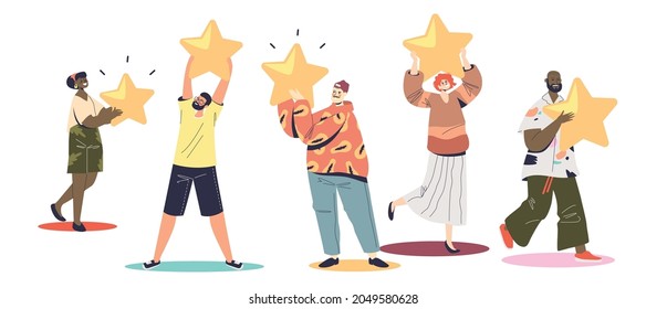 People holding rating stars. Happy users, consumers or customers giving positive feedback or review. Satisfied clients group rate service. Cartoon flat vector illustration