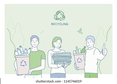 People Holding Recyclables. Public Service Advertising Poster Concept. Hand Drawn Style Vector Design Illustrations.