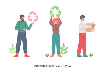 People holding recycle signs and cardboard box full of plastic bottles. Environment protection concept cartoon vector illustration