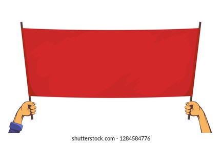 People are holding a red banner. Isolated on white background. Vector illustration.