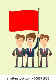 people are holding a red flag isolated on background. Stock flat vector illustration.