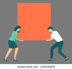 People holding red square blank, transparent banner with space empty place for additional info. Man and woman characters with billboard, advertising vector