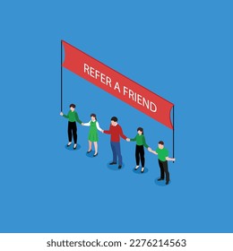 People holding Refer a friend banner 3d isometric vector illustration concept for banner, website, landing page, ads, flyer template