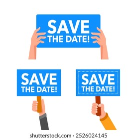 People holding save the date signs for wedding or event announcement