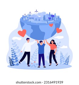 People holding and saving Earth vector illustration. Planet with eco-friendly technology, sustainable energy and solar power batteries. Green living lifestyle, sustainability, ecology concept