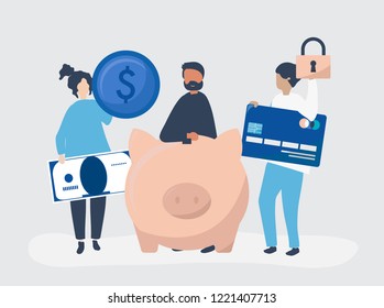 People holding savings and security icons illustration