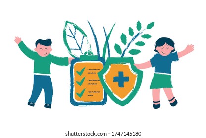 People is holding a shield and clipboard. Concept illustration for insurance. Vector illustration in flat. style