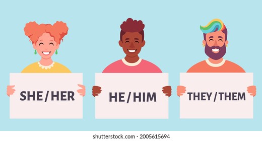 People holding sign with gender pronouns. She, he, they, non-binary. Gender-neutral movement. Vector illustration