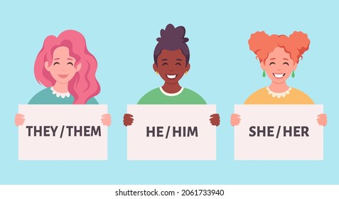 People holding sign with gender pronouns. She, he, they, non-binary. Gender-neutral movement. Vector illustration