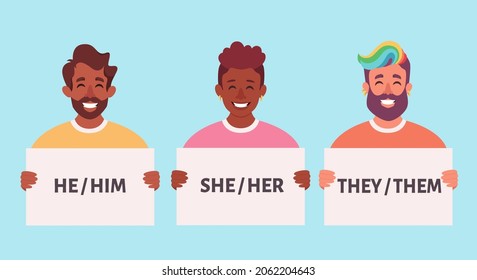 People holding sign with gender pronouns. She, he, they, non-binary. Gender-neutral movement. Vector illustration