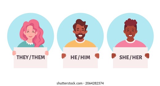 People holding sign with gender pronouns. She, he, they, non-binary. Gender-neutral movement. Vector illustration