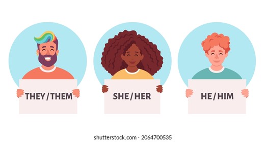 People holding sign with gender pronouns. She, he, they, non-binary. Gender-neutral movement. Vector illustration