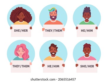 People holding sign with gender pronouns. She, he, they, non-binary. Gender-neutral movement. Vector illustration