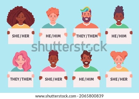 People holding sign with gender pronouns. She, he, they, non-binary. Gender-neutral movement. Vector illustration