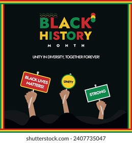 People holding signs for Black history month poster with black lives matter and unity written. Black people rights protest. African American Rights. Flag of black people. Vector Illustration Equality