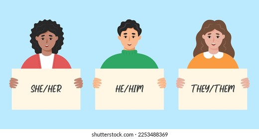 People holding signs with different gender pronouns. She, he, they, non-binary person. Isolated vector illustration in flat style.