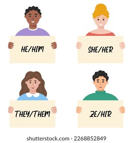 People holding signs with different gender pronouns. He, she, they, ze, non-binary person. Vector illustration in flat style on white background..