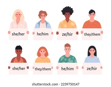 People holding signs with gender pronouns. She, he, they, ze, non-binary. Gender-neutral movement. LGBTQ community. Hand drawn vector illustration