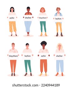 People holding signs with gender pronouns. She, he, they, ze, non-binary. Gender-neutral movement. LGBTQ community. Hand drawn vector illustration