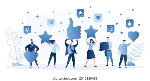 People holding signs in hands. Feedback consumer or customer review evaluation, satisfaction level and critical icon. Business satisfaction support. Various humans rate and gaving stars, hearts.