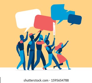 People holding signs on protest demostration or picket. Youth crowd against violence, pollution, discrimination, human rights violation - Vector illustration