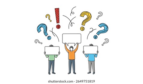 People holding signs with question marks and exclamation points above them suggesting uncertainty and inquiry
