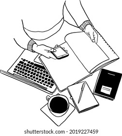 People holding smartphone with Blank book Table with laptop computer Creative Business Hand drawn line art illustration