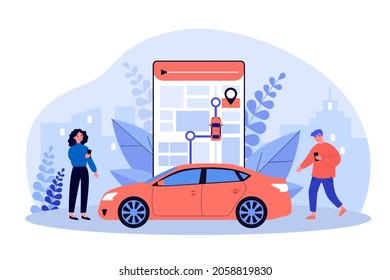 People holding smartphones with gps map. Tiny man and woman using mobile app for tracking car flat vector illustration. Navigation service concept for banner, website design or landing web page