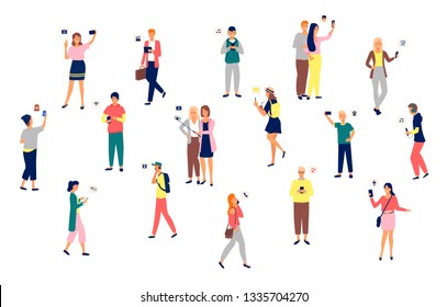 People holding smartphones in hands vector, set of man and woman. Mobile phone, selfies and listening to music, applications for connection, wifi