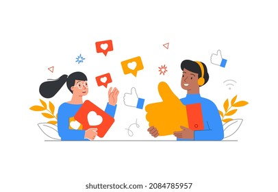 People holding social icon. Badgesfrom Internet, metaphor, characters mark material you like. Friends, application, digital world, modern technology, network. Cartoon flat vector illustration