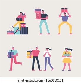 People holding a special day gift box. flat design style vector graphic illustration set