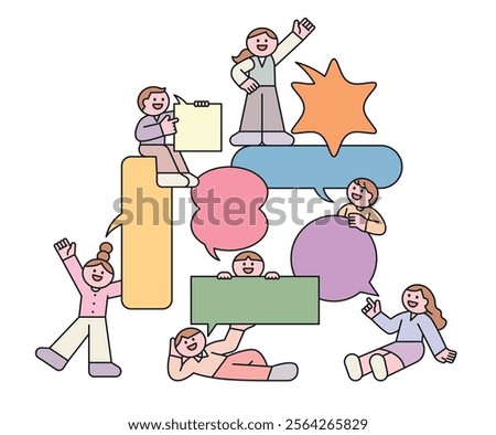 People holding speech bubbles are hugging or standing. Pyramid shape. Cuttiny character with outline.