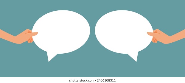 
People Holding Speech Bubbles Vector Cartoon Illustration. Couple having a productive talk completing each other sentences 
