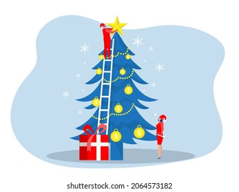 People holding star with Hanging dollar and Star on Top of Spruce, New Year Celebrating Cartoon Flat Vector Illustration