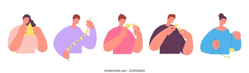 People holding stars. Broken dreams, happy woman man with garlands. Success and wish metaphor, choice or dream come true. Cartoon flat vector characters