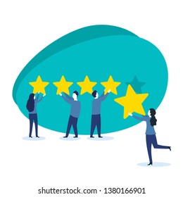 People holding stars and collecting them into positive feedback - best satisfaction level and critic concept - five stars rating flat style vector concept
