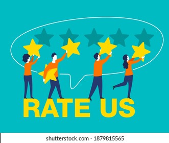 People holding stars and collecting them into positive feedback - best satisfaction level and critic concept - five stars rating flat style vector concept. Vector illustration