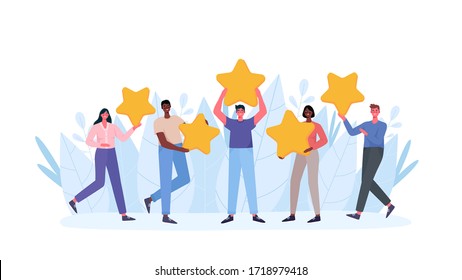 People are holding stars, giving five star Feedback. Clients choosing satisfaction rating and leaving positive review. Feedback consumer, customer review evaluation. Flat cartoon vector illustration. - Shutterstock ID 1718979418