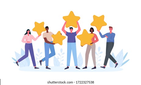 People are holding stars, giving five star Feedback. Clients choosing satisfaction rating and leaving positive review. Feedback consumer, customer review evaluation. Flat cartoon vector illustration.