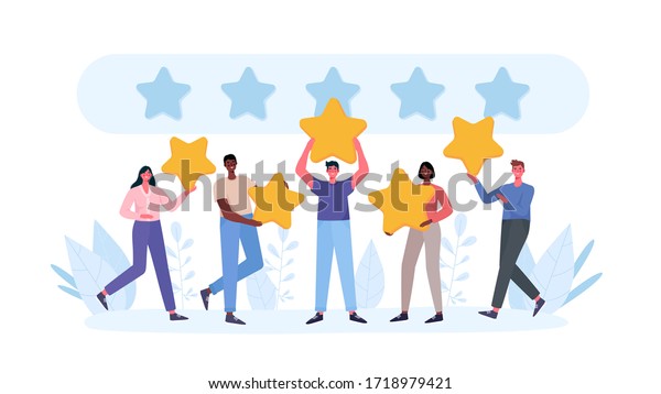 People are holding stars, giving five star\
Feedback. Clients choosing satisfaction rating and leaving positive\
review. Feedback consumer, customer review evaluation. Flat cartoon\
vector illustration.