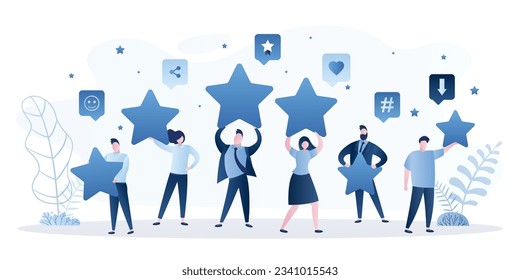 La gente está sosteniendo estrellas en las manos. Evaluación de comentarios de clientes o clientes, nivel de satisfacción y concepto de icono crítico. Diversos personajes califican y dan estrellas. ilustración vectorial plana