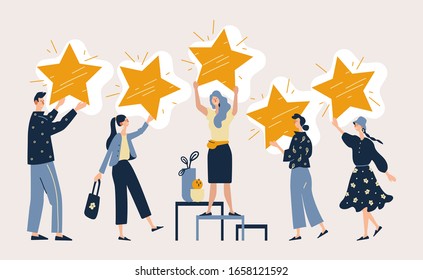 People are holding stars over the heads. Concept of Five stars rating.  Feedback consumer or customer review evaluation, satisfaction characters. Flat cartoon vector illustration. 