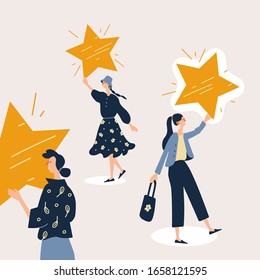 People are holding stars over the heads. Concept of Five stars rating.  Feedback consumer or customer review evaluation, satisfaction characters. Flat cartoon vector illustration. 