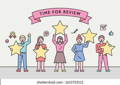 People are holding stars and rating them. flat design style minimal vector illustration.