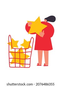 Menschen, die Sterne in ihren Händen halten. Verbrauchererfahrung. Produktbewertung. Rückmeldung des Verbrauchers. Glückliche Kunden. Dienstleistungsbewertung. Zufriedenheit. Flacher Cartoon, Vektorgrafik. Einzeln. EPS10.
