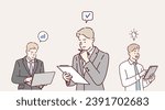 People holding tablet PC, paper documents set. Happy employee characters, experts, advisors with pads in hands. Business men. Hand drawn style vector design illustrations.